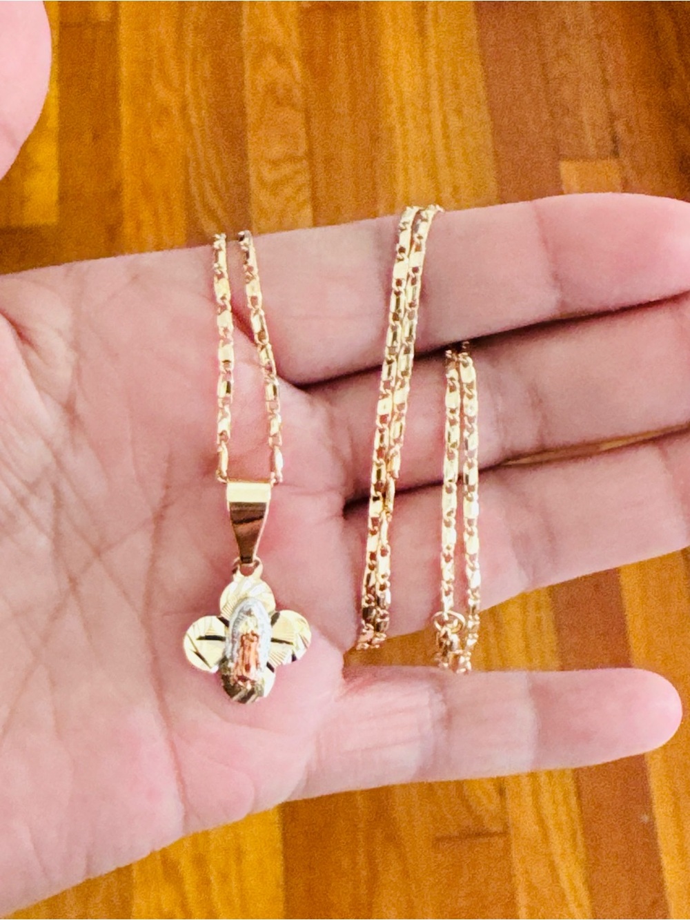 14K Gold Plated clover Pendant Virgin Mary women’s Necklace.